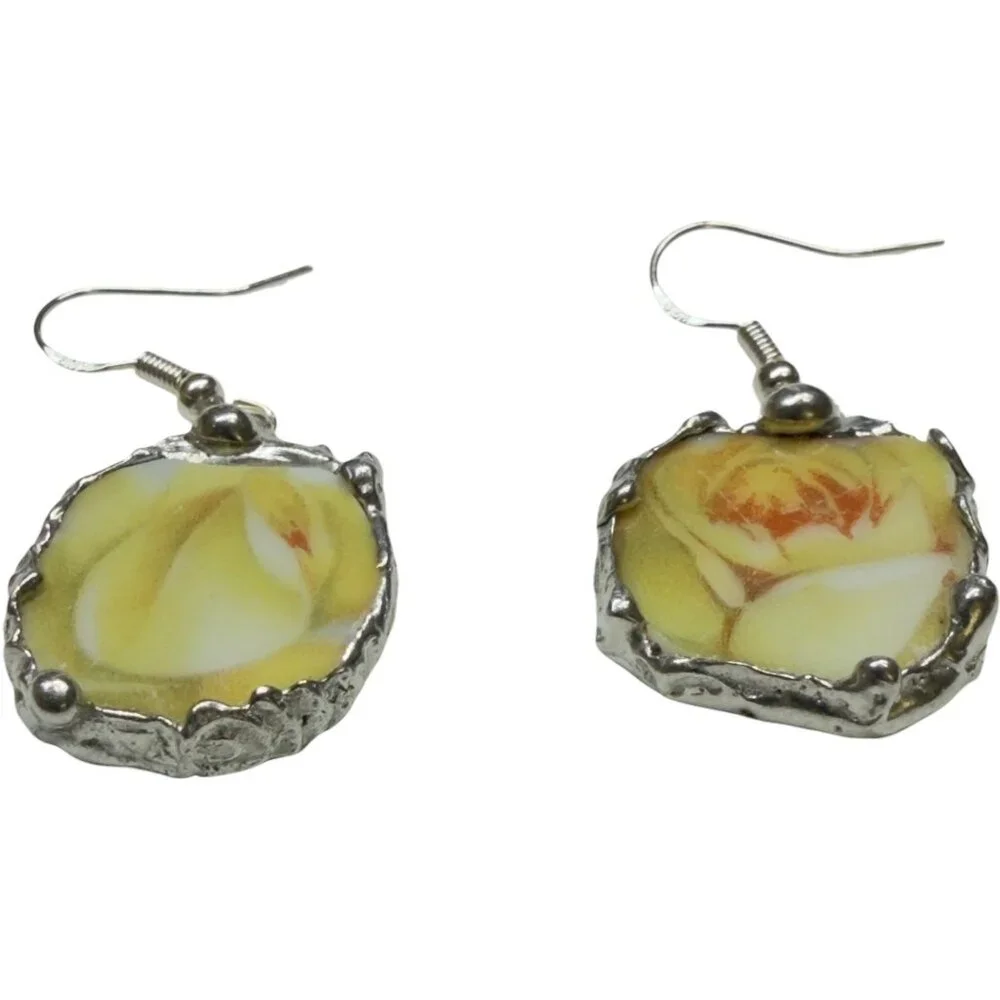 Yellow Rose Bavaria Broken China Earrings - Sterling Silver 925 Artisan Crafted - Picture 4 of 11